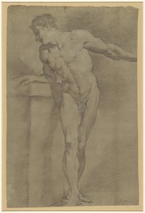 Studie av en stående manlig modell lutad mot en bröstvärn av Pompeo Batoni