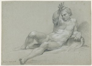 Nakenstudie av en liggande manlig modell med höger arm höjd, i en antik flodguds pose, sedd snett från vänster av Pompeo Girolamo Batoni