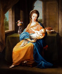 Par porträtt, dam med barn (på duk) av Pompeo Girolamo Batoni