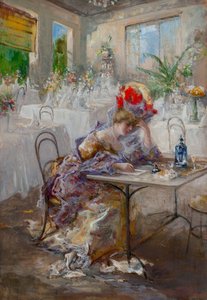 Ett brev (eller Lady at the Cafe) av Mariani, Pompeo (1857-1927). Olja på kartong, storlek: 49x34