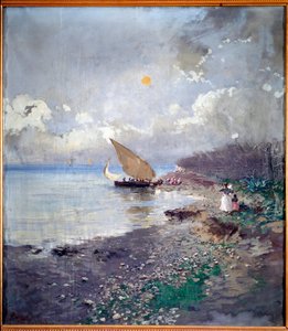 Återkomst från fiske Strandmålning av Pompeo Mariani (1857-1927) 1898 Dim 115x100 cm Genes, Galleria d