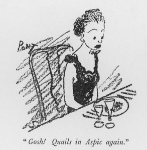 "Jösses! Vaktlar i Aspic igen" (litho) av Pont