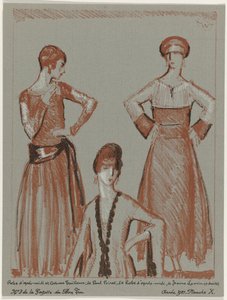 Gazette du Bon Ton, 1921 - nr 3, Pl. X: Eftermiddagsklänning och skräddarsydd kostym, av Paul Poiret, och eftermiddagsklänning, av Jeanne Lanvin (titel på objektet) av Porter Woodruff