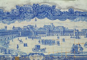 Azulejos-plattor som föreställer Praca do Comercio, Lissabon (keramik) av Portuguese School