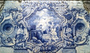 Dekorativ panel som visar bebådelsen, Lamego, Portugal. 1738 (keramiska plattor) av Portuguese School