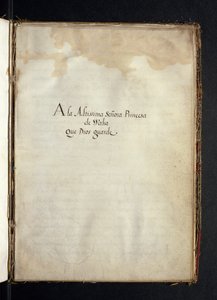 Dedikation till Infanta Maria av Spanien, från en historia om Syon-nunnornas peregrinering, sammanställd i Lissabon i början av 1600-talet av Portuguese School