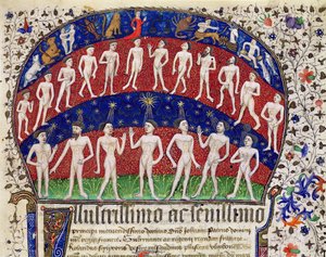 Fol.1 Zodiakens tecken och en grupp män, från 