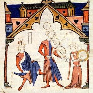 Fol.6r Musicians Playing a Viola and a Tambourine, från Chansonnier des Nobles av Portuguese School