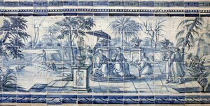 Fruktprovning nära en sjö i Asien - Azulejos, målad fajans av Portuguese School