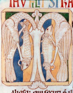 Brevpappersdekoratör av hägrar och fiskar. Miniatyr från manuskriptet "" Testamentum Vetus"" från Sancta Cruz de Coimbra. 1100-talet. Porto, kommunalt bibliotek av Portuguese School