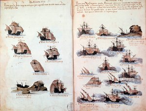 Manuskriptsida "" Minnesmärken över Portugals armadas under kung Manuel I (1469-1521)"" som representerar de portugisiska flottorna. 1523 B.N. Paris av Portuguese School