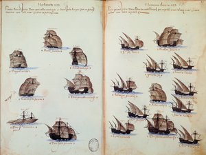 Manuskriptsida "" Minnesmärken över Portugals armadas under kung Manuel I (1469-1521)"" som representerar de portugisiska flottorna av Portuguese School