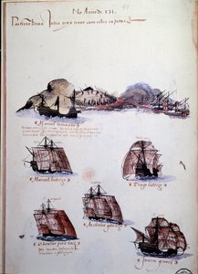 Manuskriptsida "" Minnen från Portugals armadas under kung Manuel I (1469-1521)" som representerar de portugisiska flottorna av året 1497. 1500 Lissabon, Nationalmuseet för antik konst av Portuguese School