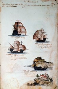Manuskriptsida "" Minnen från Portugals armadas under kung Manuel I (1469-1521)" som representerar årets portugisiska flottor 1497. 1500 Lissabon, Nationalmuseet för antik konst av Portuguese School