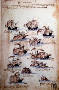 Manuskriptsida "" Minnen från Portugals armadas under kung Manuel I (1469-1521)" som representerar årets portugisiska flottor 1497. 1500 Lissabon, Nationalmuseet för antik konst av Portuguese School
