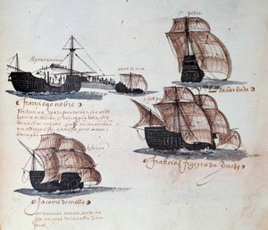 Minnesmärken över Armadas i Portugal under kung Manuel I (1469-1521): representation av den portugisiska flottans karaveller. Miniatyr från ett manuskript från 1497. Lissabon. Nationalmuseet för antik konst av Portuguese School