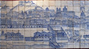 Panoramautsikt över Lissabon, före jordbävningen 1755 - Azulejos början av 1700-talet, panelvarning för det tidigare palatset för grevarna av Tentugal, Lissabon (Stora Lissabon-panorama före jordbävningen 1755, fajans tidigt 1700-tal, antikt palats