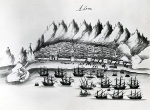Portugisiskt anfall på Aden, illustration från Legends of India av Gaspar Correia, ca 1858 av Portuguese School