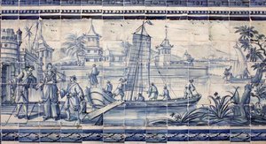 Scen på stranden av en flod i Asien - Azulejos, målad fajans av Portuguese School
