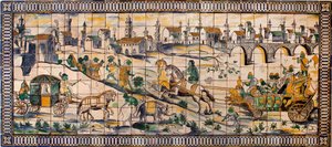 Singerie, hönsens äktenskap - Kakelpanel, cirka 1665, från den gamla gården Cadriceira, i Turcifal, Torres Vedras (Portugal) (Kycklingens bröllop, Kakelpanel, cirka 1665) - Musee national des azulejos, Lissabon (Portugal) av Portuguese School