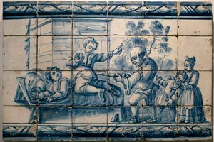 Läkaren gör ett lavemang till en patient - Satirisk panel av Lissabon, första halvan av 1700-talet (Läkare - Satirisk panel, första halvan av 1700-talet) - Musee national des azulejos, Lissabon (Portugal)