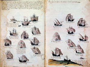 Krigsskepp. Minnen från Portugals armadas under kung Manuel I (1469 - 1521). Manuskript från 1505. Paris. BN av Portuguese School