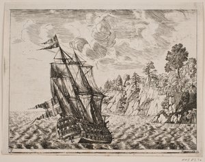 Danskt krigsfartyg på en stenig kust av Poul Isac Grønvold