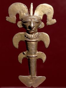 Pre-columbiansk konst, Quimbaya civilisation (Colombia): antropomorft hänge i guld. 400-1400 e.Kr. Bogota, Museo de Oro, Colombia