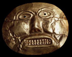 Precolombiansk civilisation Calima: guldmask för begravning. 7:e-1400-tals Bogota, Museo de Oro Colombia - Förcolumbiansk konst, Calima-kultur (7:e-15:e e.Kr.): guldmask för begravning - Bogota, Museo de Oro Colombia - Förkolumbiansk konst, Calima-kultur (