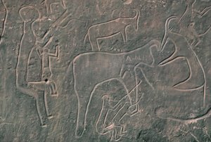 Människofigurer och djur (hällmålning) av Prehistoric