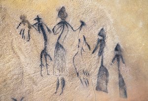 Fallisk dans av typ stiliserad-naturalistisk, mesolitisk konst (väggmålning) av Prehistoric Prehistoric