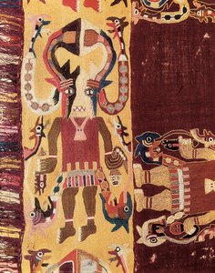 Pre-columbiansk civilisation: ceremoniell officiant som bär en mask. 300-100 f.Kr. Gobeläng från Ica i Peru. Nationalmuseet för arkeologi i Lima, Peru. av Prehistoric Prehistoric