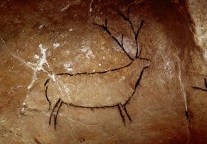 Förhistoria: ett rådjur. Övre paleolitisk grottmålning (magdalensk) (16 500 och 14 000 år sedan). Ålder av sten. Cave of Las Chimeneas, Monte Castillo, Spanien