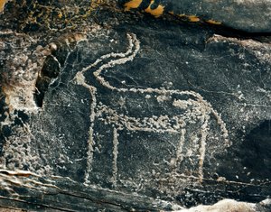 Förhistoria, hällkonst: gravsten av representationen av en antilop. Stenåldern 5000-2000 f.Kr. Taghit, Haut plateau du Hoggar (Ahaggar), Algeriet av Prehistoric Prehistoric