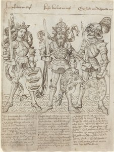 Kung Arthur, Karl den Store och Godfrey av Boulogne av Primary Master of the Strassburg Chronicle