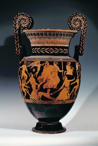 Attisk volutkrater med röd figur, dekorerad med en scen av skådespelare och musiker som förbereder sig för en föreställning, grekiska, från Ruvo, 500-talet f.Kr. (keramik) (se även 119444, 119446-7) av Pronomos Painter