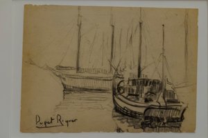 båtar, Narcís Puget Riquer, kolteckning, Puget museum, Can LLaudis adliga hus, Dalt Vila, Ibiza, balearerna, Spanien