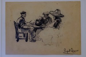sittande figurer, Narcís Puget Riquer, kolteckning, Puget-museet, adelshuset Can LLaudis , Dalt Vila, Ibiza, Balearerna, Spanien