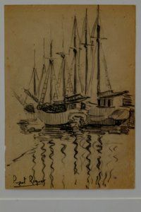 segelbåtar, Narcís Puget Riquer, kolteckning, Puget museum, Can LLaudis adliga hus, Dalt Vila, Ibiza, balearerna, Spanien
