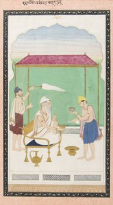 Ranjit Singh sittande på en guldstol, deltog av en morkisk bärare, ca 1830