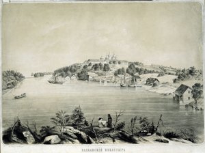 Valaam-klostret (eller Valamo) på Valaam Island i Lake Lagoda (Ryssland) (The Valaam Monastery on Valaam Island in Lake Lagoda). Teckning av Pyotr Fyodorovich Borel (1829-1898). Litografi, 53,3 x 70,5 cm