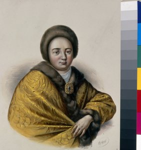 Porträtt av tsarina Natalia Naryshkina (Narychkina) (Nathalie Narychkine) (1651-1694), hustru till tsar Alexis I av Ryssland (1629-1676). Verk av Pyotr Fyodorovich Borel (1829-1898), litografi, cirka 1860. Rysk konst