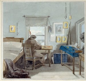 På jobbet. I Pavel Nashchokins hus (1801-?) (Moskva). (På jobbet. I Pavel Nashchokin House). Verk av Pyotr (Piotr) Fyodorovich Sokolov (Pierre Sokolov) (1791-1848), akvarell på papper av Pyotr Fyodorovich Sokolov