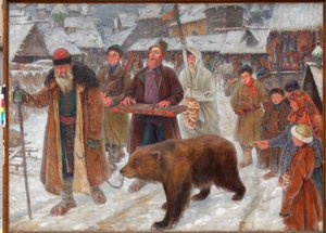 ""The Song of the skomorokh"" (The Song of the skomorokh) Ambulerande artister, björntämjare i Ryssland Målning av Pyotr Ivanovich Subbotin (Permyak) (1886-1923) av Pyotr Ivanovich Subbotin