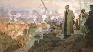 Maxim Gorkij (1868-1936) vid byggnaden av vattenkraftverket "DnieproGES av Pyotr Ivanovich Kotov