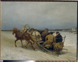 Trojka på vintern. (Traditionell rysk hitch, dragen av tre hästar). Målning av Pyotr (Piotr) Petrovich Sokolov (1821-1899), olja på duk