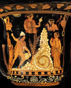 Krater med röda figurer: Kung Cadmos, med en amfora i ena handen, kastar stenar mot draken ... av Python Python