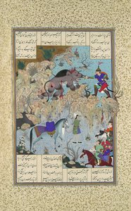 Bahram Chubina Slays the Lion-Ape, Folio 715v från Shahnama Book of Kings..., c1530-35