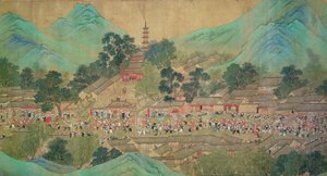 Kejsar Kang Shis rundtur i Kiang-Han 1699, efter Chaio Ping Chen (1661-1722) (bläck & färg på papper med sidenbaksida) av Qing Dynasty Chinese School