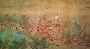 Kejsar Kang Shis rundtur i Kiang-Han 1699, efter Chaio Ping Chen (1661-1722) (bläck & färg på papper med sidenbaksida) av Qing Dynasty Chinese School